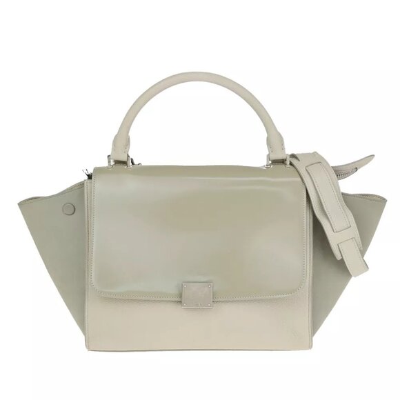 CELINE Logo Trapeze 2Way Shoulder Hand Bag Suede Patent Leather Beige 83YF548 - Picture 1 of 16